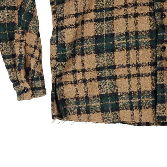 mnml Shacket Shirt Jacket M Men Plaid Loose Woven Flannel Brown Green Raw Hem - Picture 12 of 16